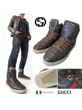 Gucci Guccissima Men High-Top Leather Sneakers Italy Brown 7